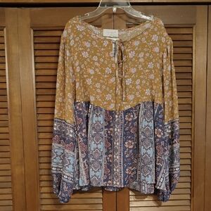 Anthropologie Mustard and Blue Floral Blouse